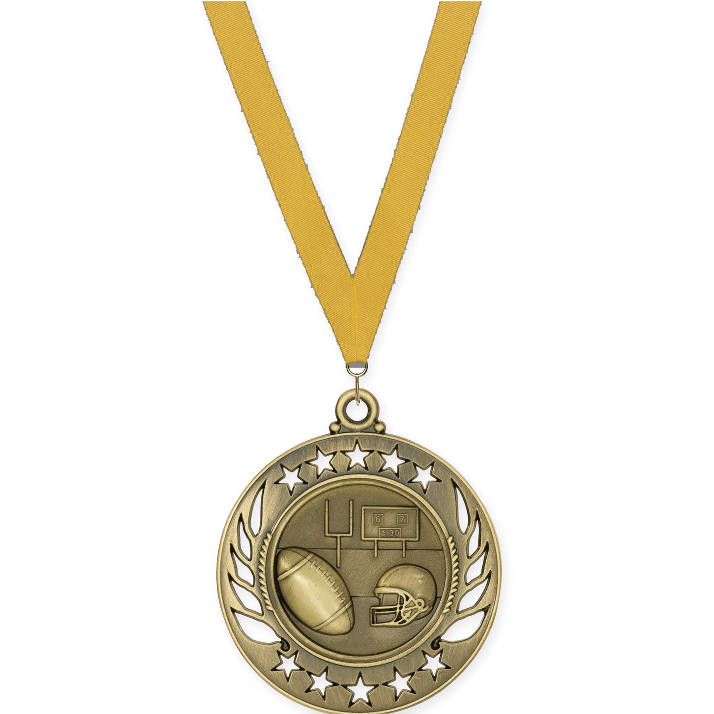 2 1/4 inch football Galaxy medal in bright gold with Gold neck ribbon