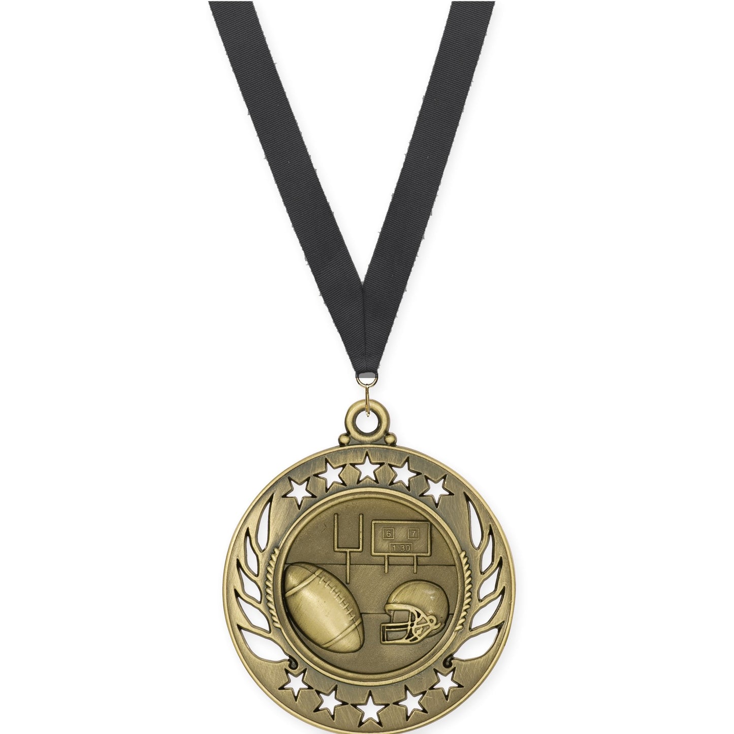 2 1/4 inch football Galaxy medal in bright gold with Black neck ribbon