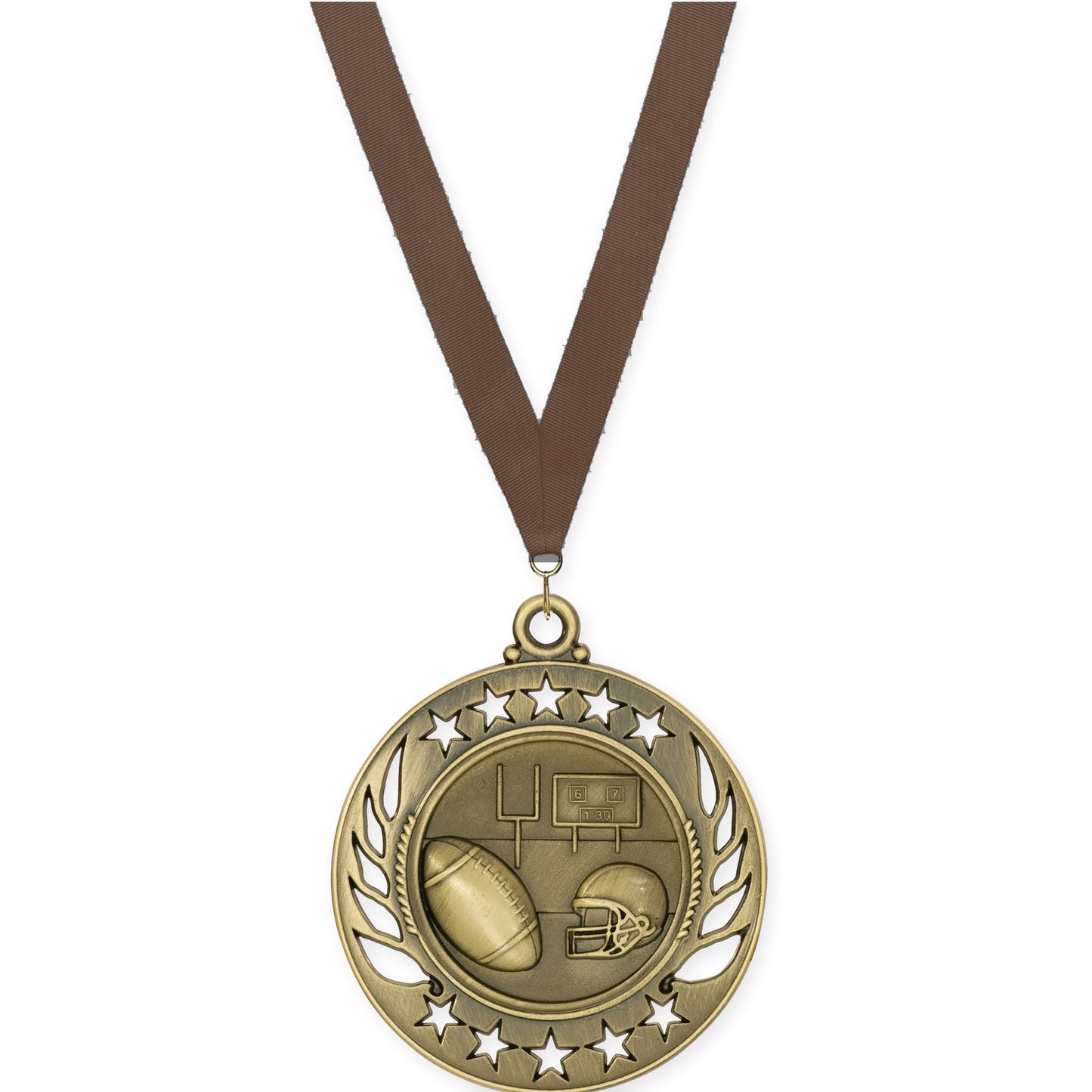 2 1/4 inch football Galaxy medal in bright gold with Brown neck ribbon
