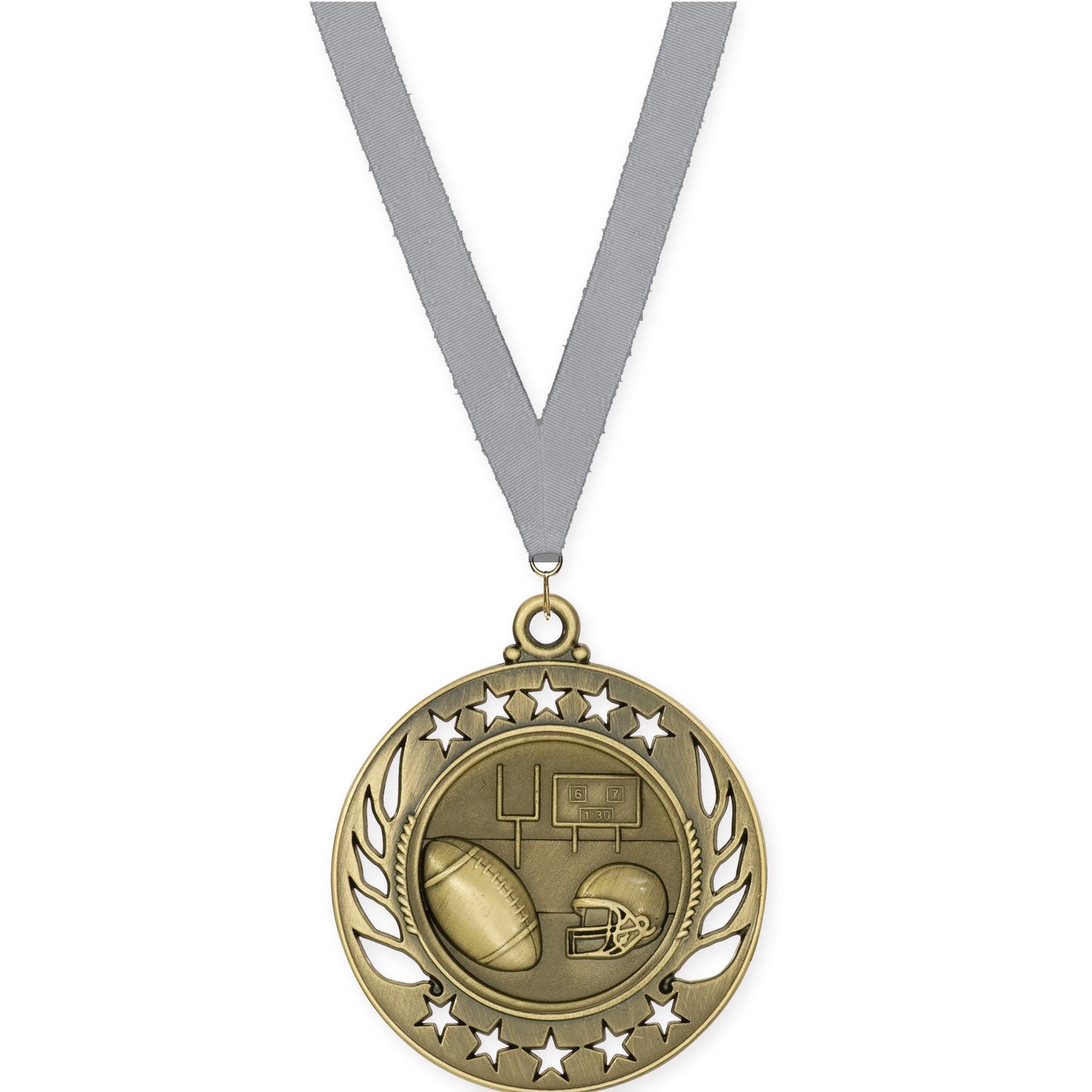2 1/4 inch football Galaxy medal in bright gold with Gray neck ribbon