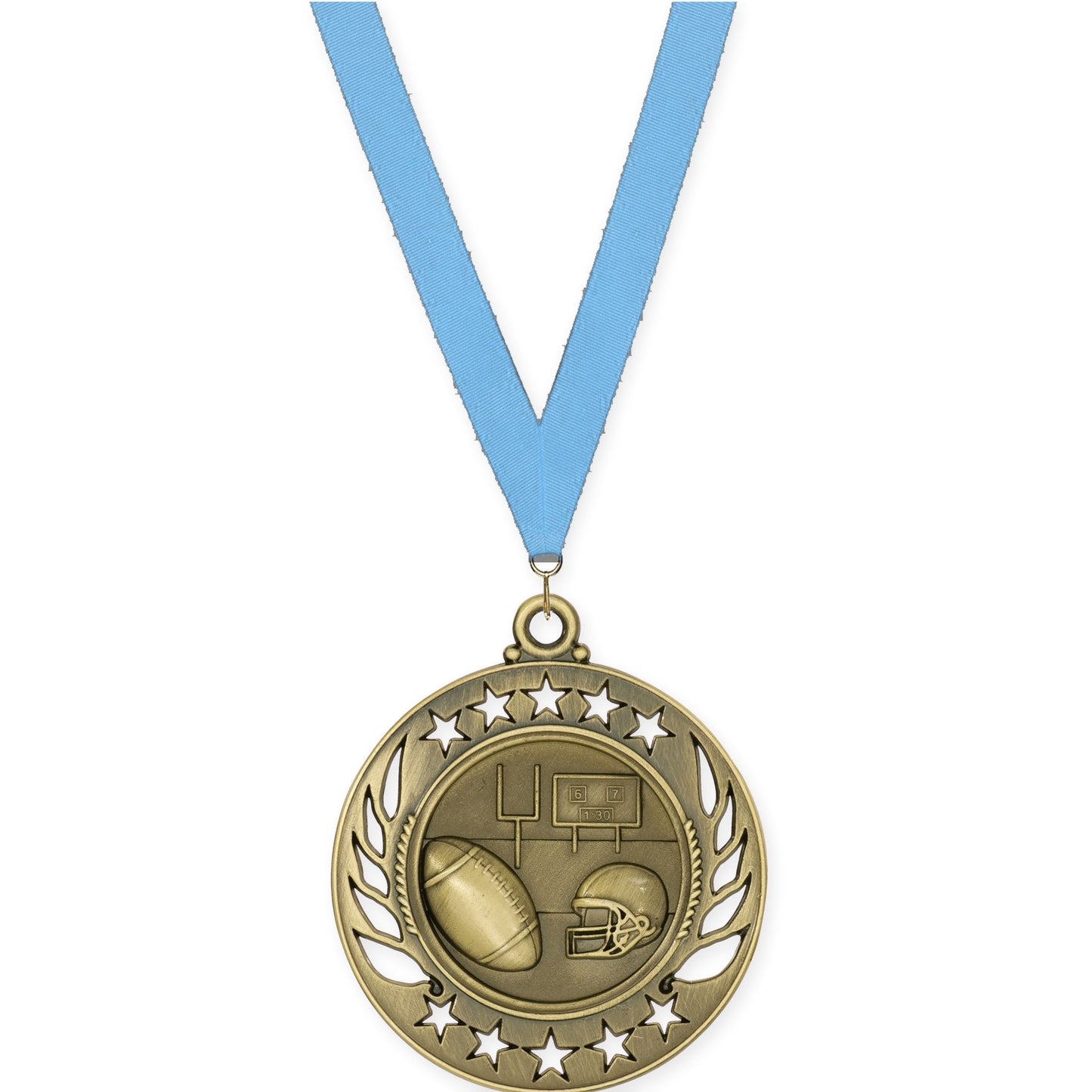 2 1/4 inch football Galaxy medal in bright gold with Light Blue neck ribbon