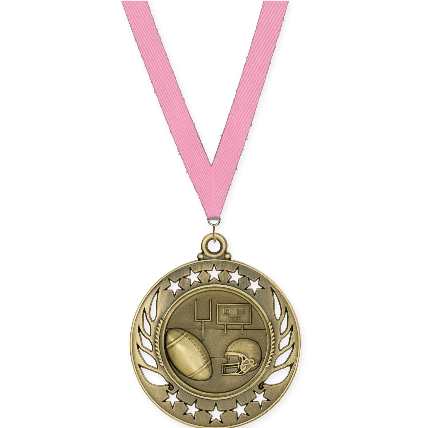 2 1/4 inch football Galaxy medal in bright gold with Pink neck ribbon
