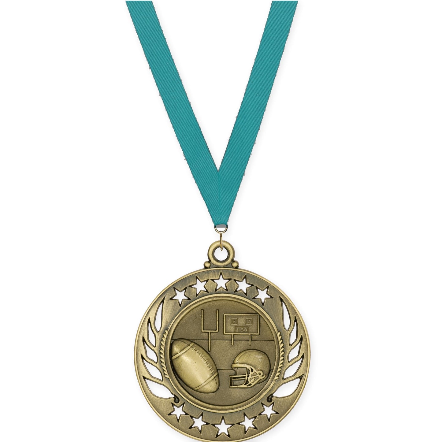 2 1/4 inch football Galaxy medal in bright gold with Teal neck ribbon