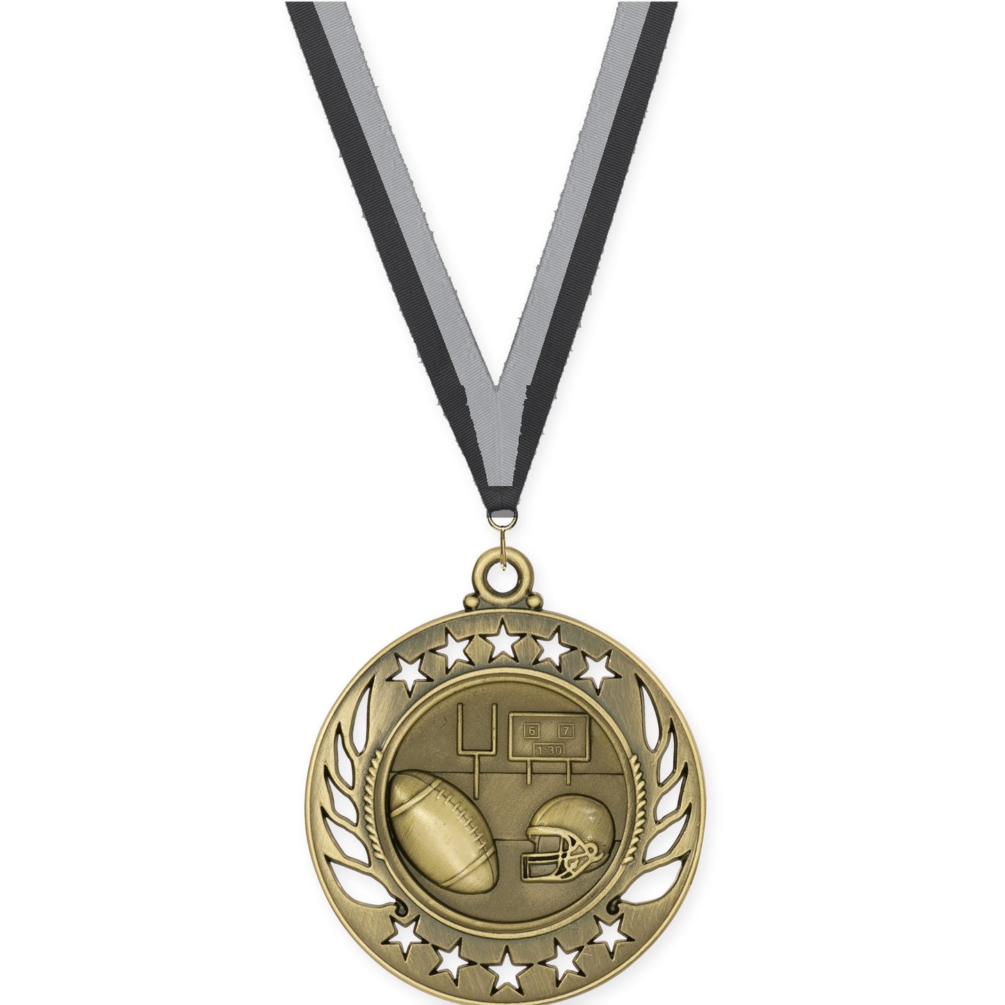 2 1/4 inch football Galaxy medal in bright gold with Black Gray neck ribbon