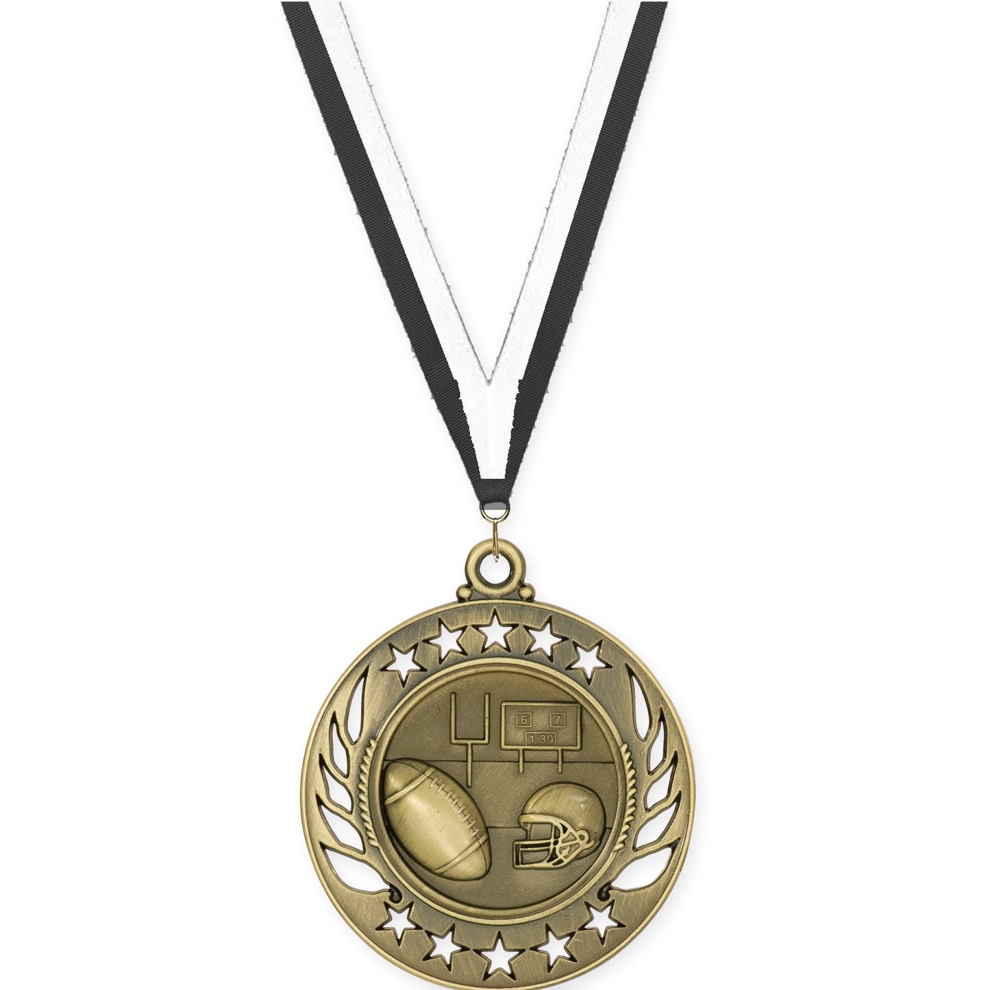 2 1/4 inch football Galaxy medal in bright gold with Black White neck ribbon