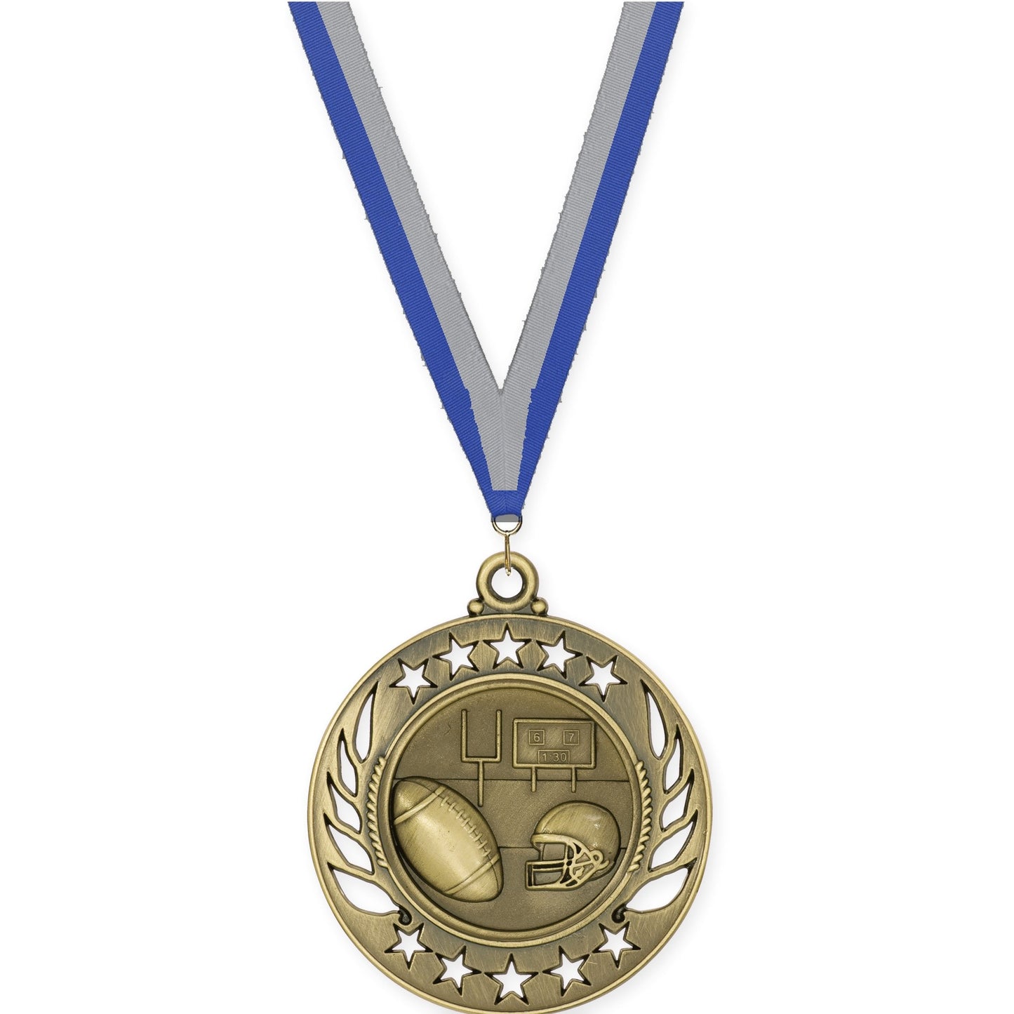 2 1/4 inch football Galaxy medal in bright gold with Blue Gray neck ribbon