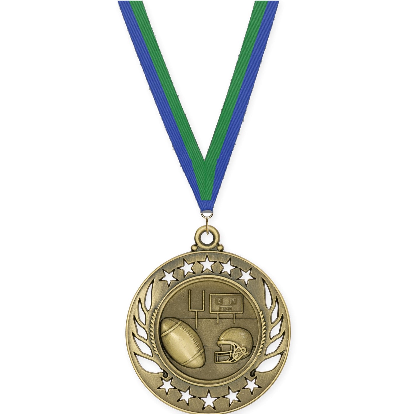 2 1/4 inch football Galaxy medal in bright gold with Blue Green neck ribbon
