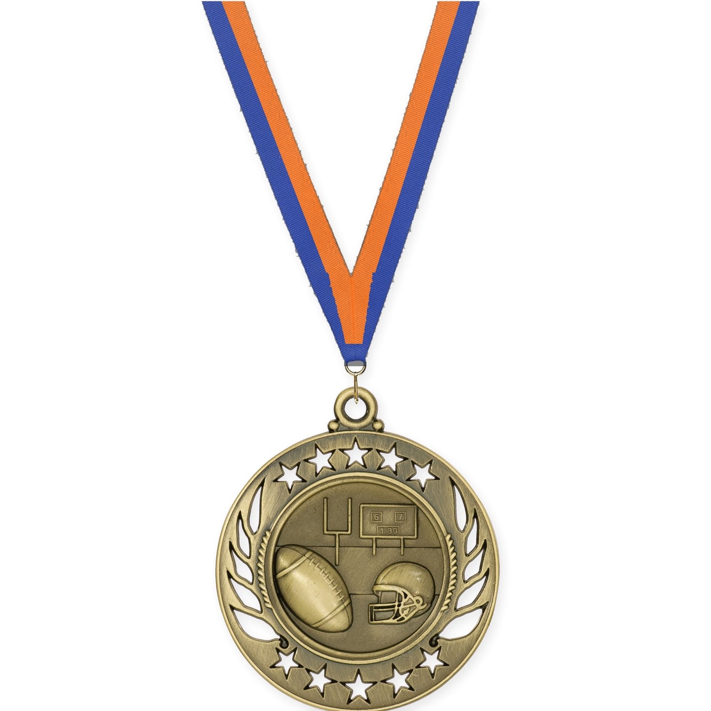 2 1/4 inch football Galaxy medal in bright gold with Blue Orange neck ribbon