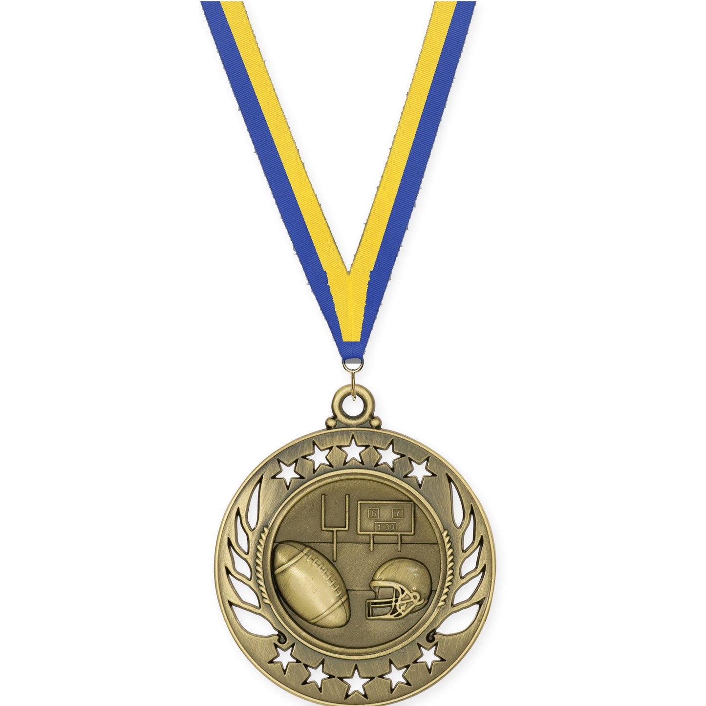 2 1/4 inch football Galaxy medal in bright gold with Blue Yellow neck ribbon