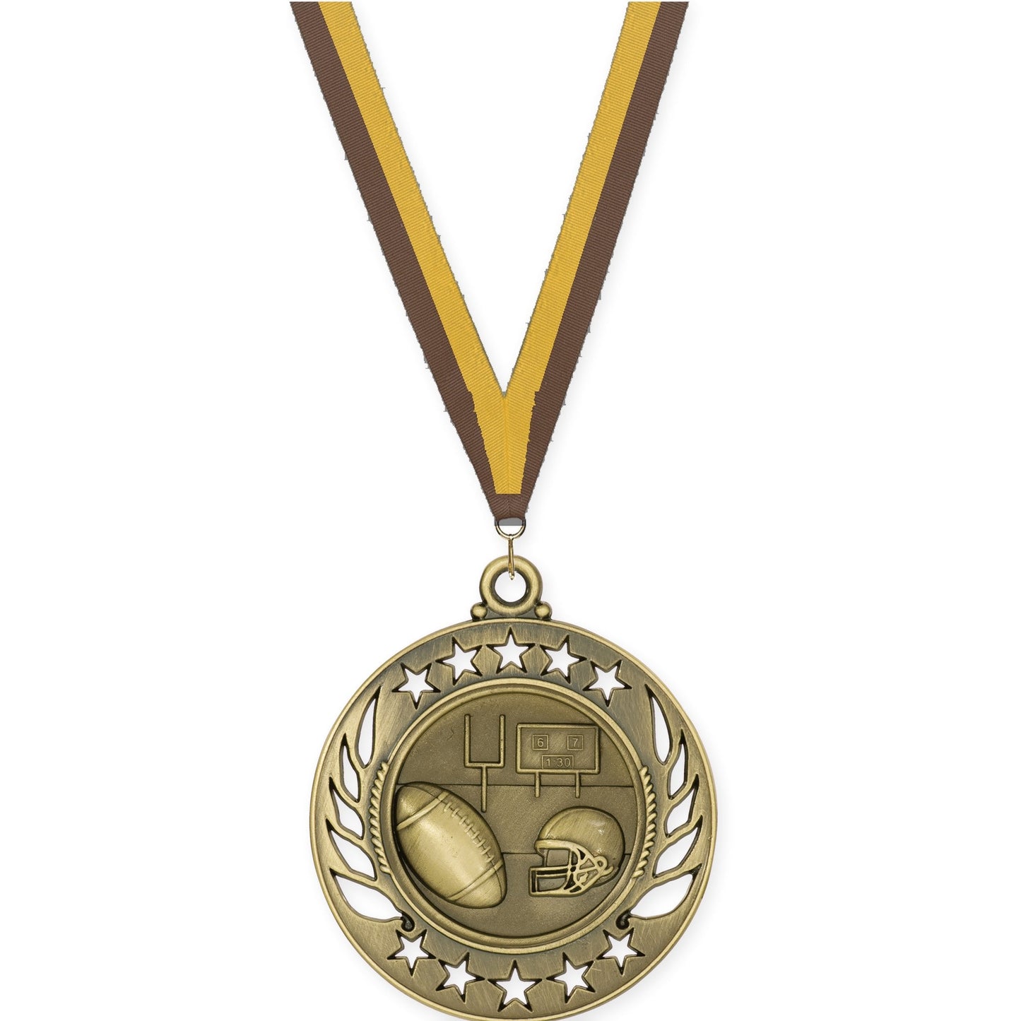2 1/4 inch football Galaxy medal in bright gold with Brown Gold neck ribbon