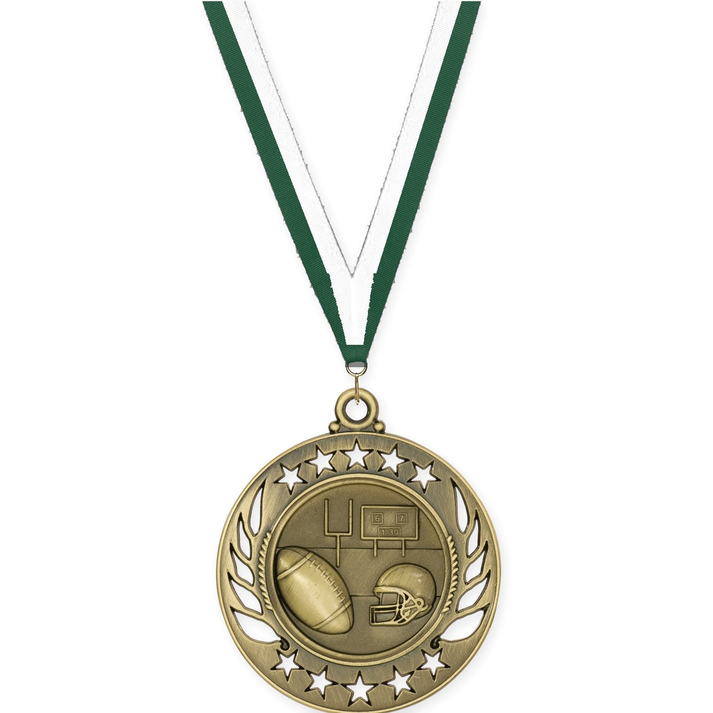 2 1/4 inch football Galaxy medal in bright gold with Hunter Green White neck ribbon