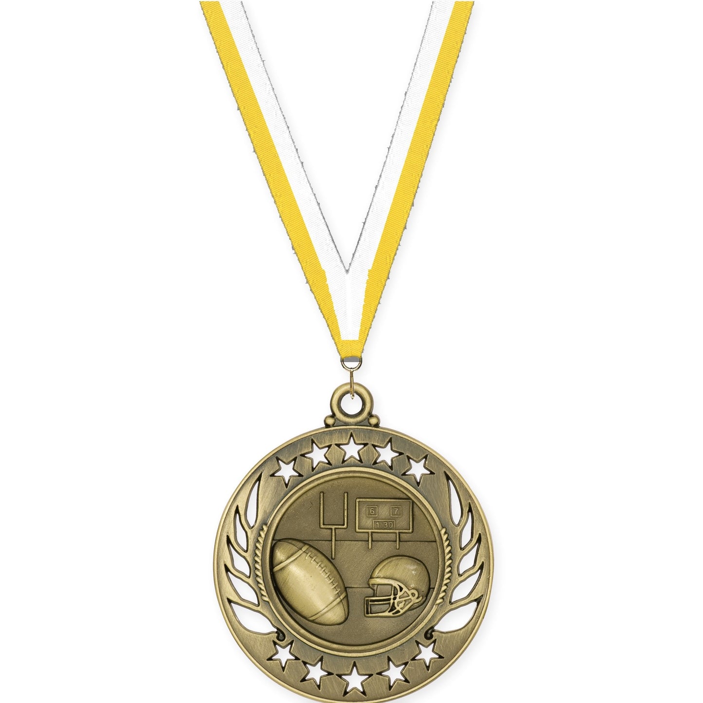 2 1/4 inch football Galaxy medal in bright gold with Yellow White neck ribbon