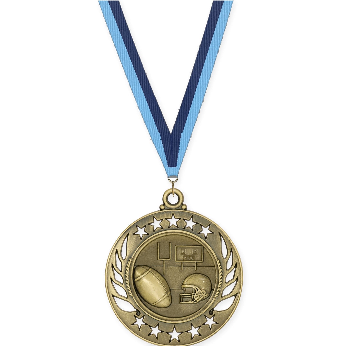 2 1/4 inch football Galaxy medal in bright gold with Light Blue Navy neck ribbon