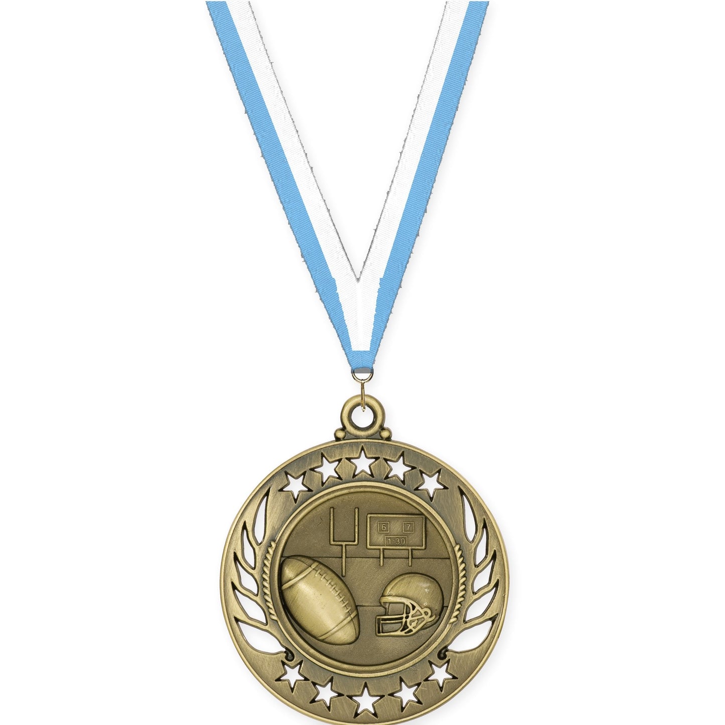 2 1/4 inch football Galaxy medal in bright gold with Light Blue White neck ribbon