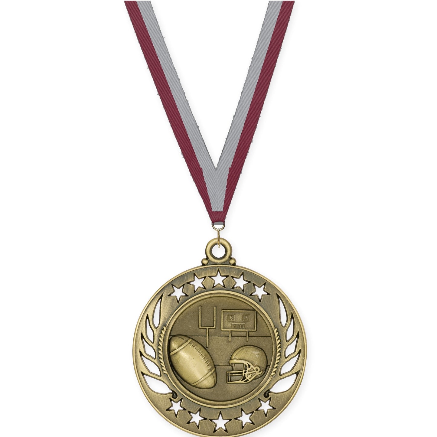 2 1/4 inch football Galaxy medal in bright gold with Maroon Gray neck ribbon
