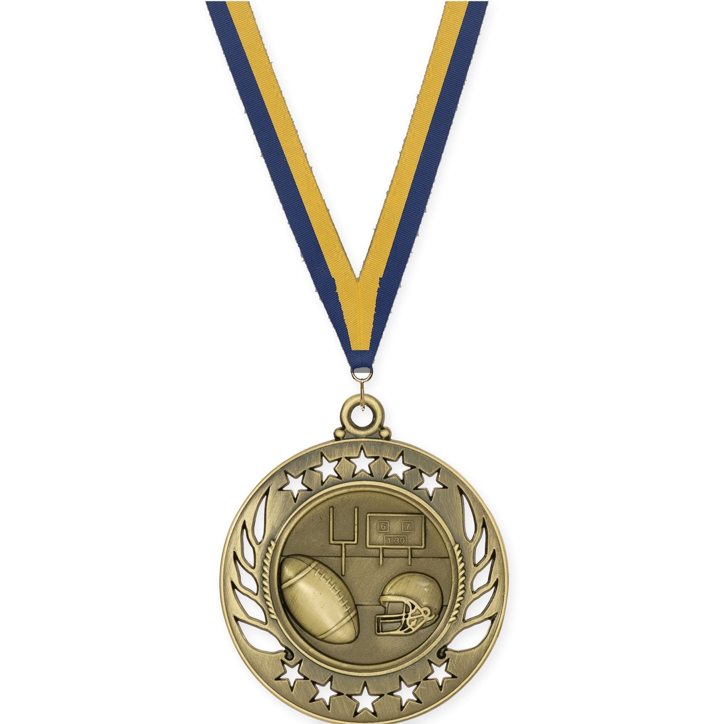 2 1/4 inch football Galaxy medal in bright gold with Navy Gold neck ribbon