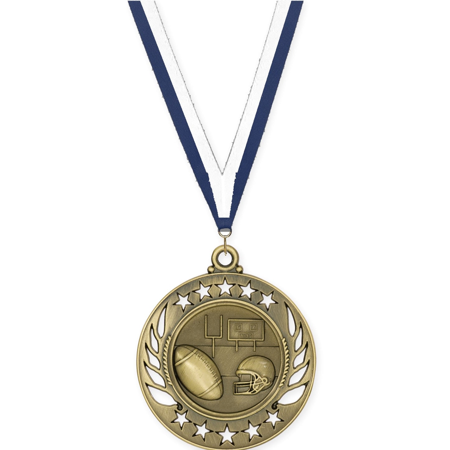 2 1/4 inch football Galaxy medal in bright gold with Navy White neck ribbon