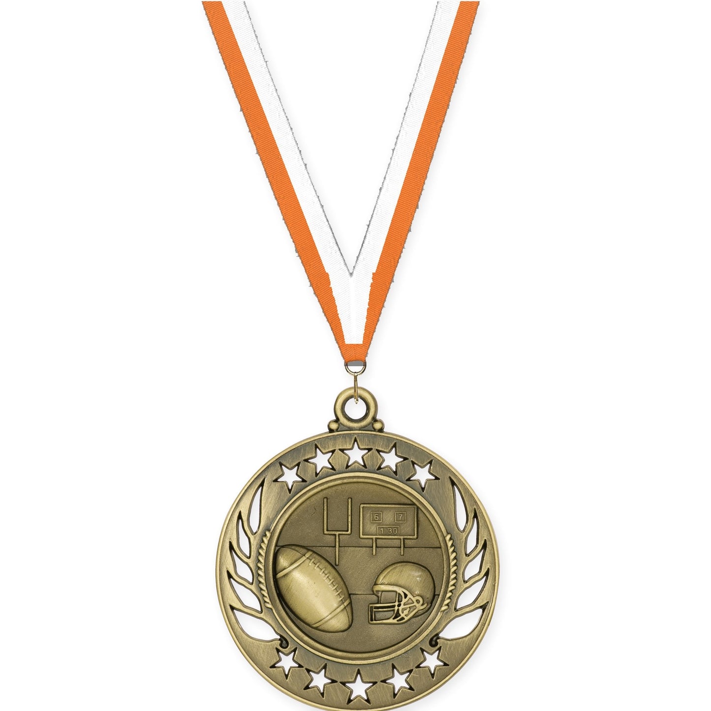 2 1/4 inch football Galaxy medal in bright gold with Orange White neck ribbon