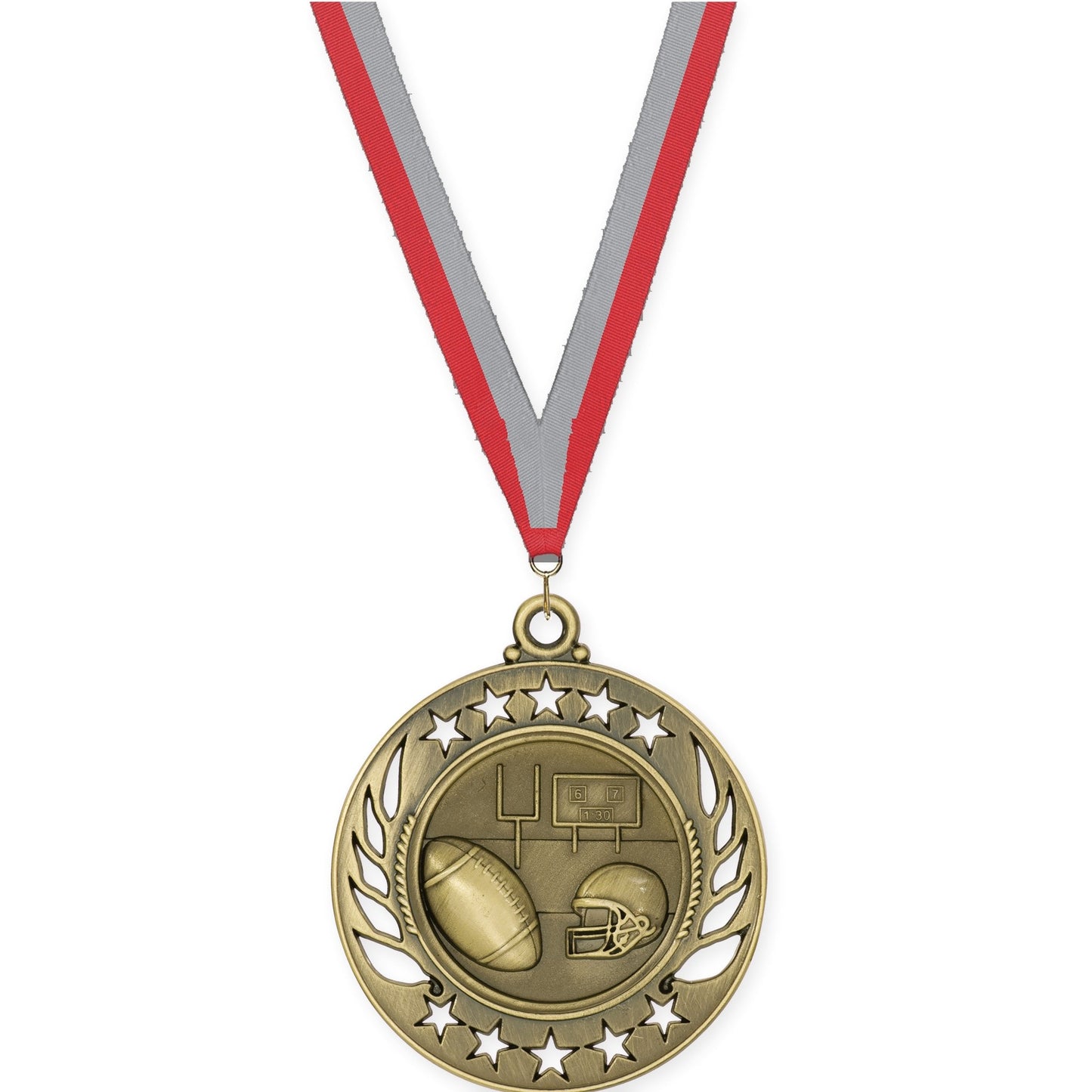 2 1/4 inch football Galaxy medal in bright gold with Red Gray neck ribbon