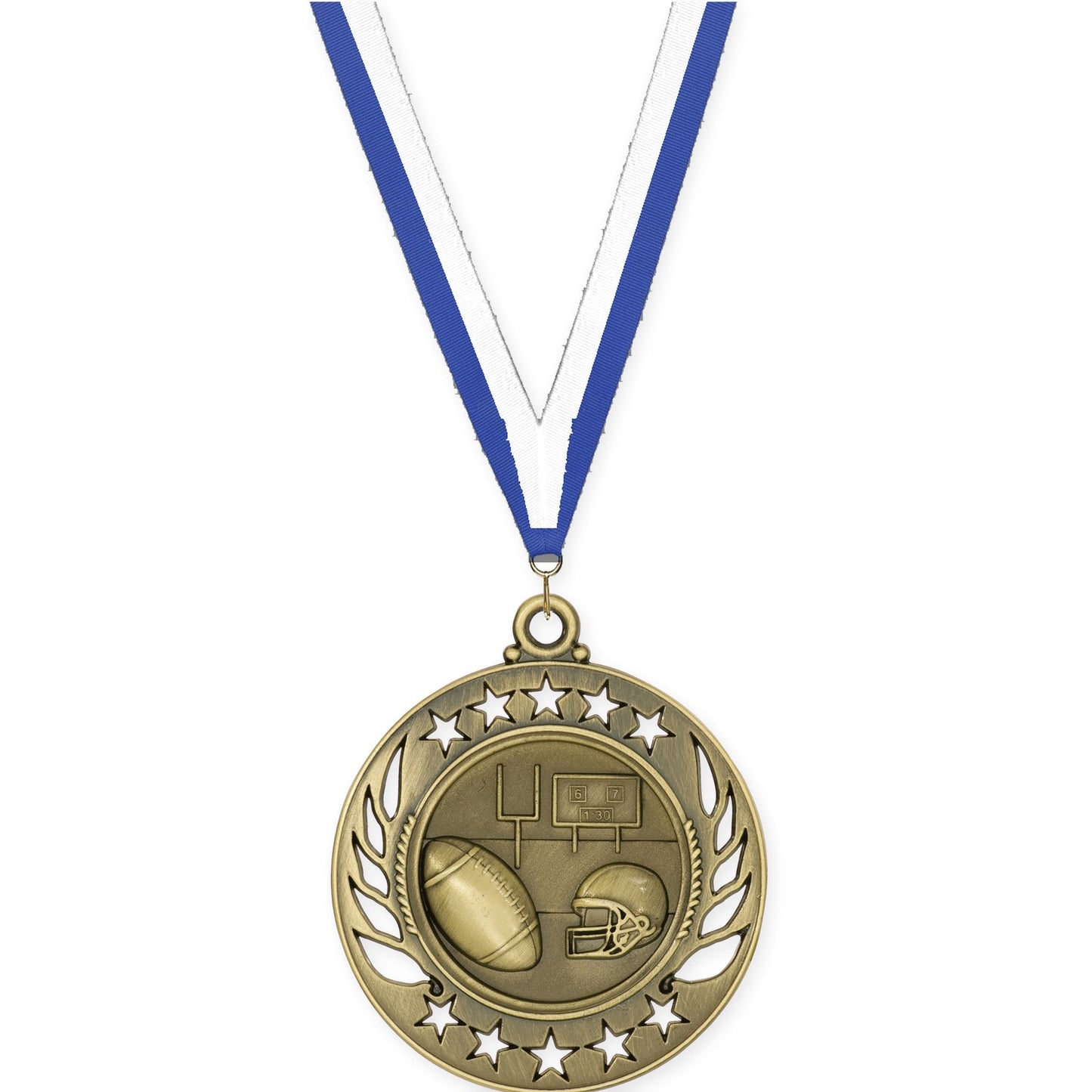 2 1/4 inch football Galaxy medal in bright gold with Blue White neck ribbon