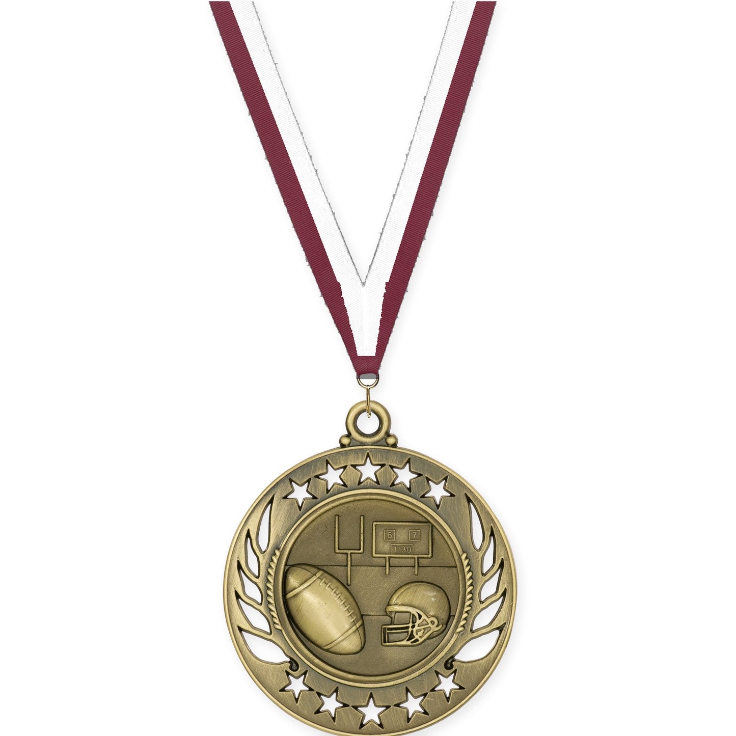 2 1/4 inch football Galaxy medal in bright gold with Maroon White neck ribbon