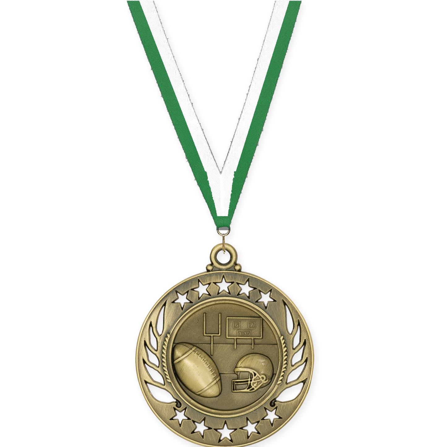 2 1/4 inch football Galaxy medal in bright gold with Green White neck ribbon