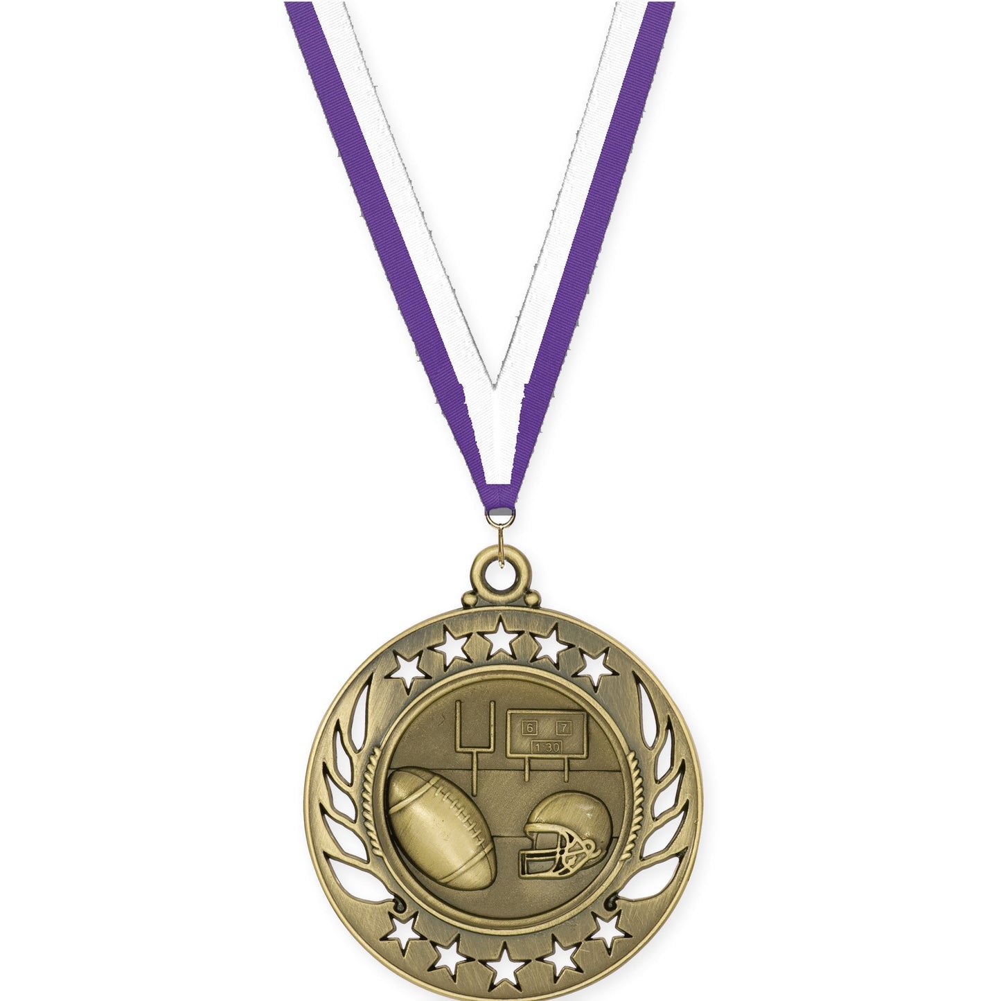 2 1/4 inch football Galaxy medal in bright gold with Purple White neck ribbon