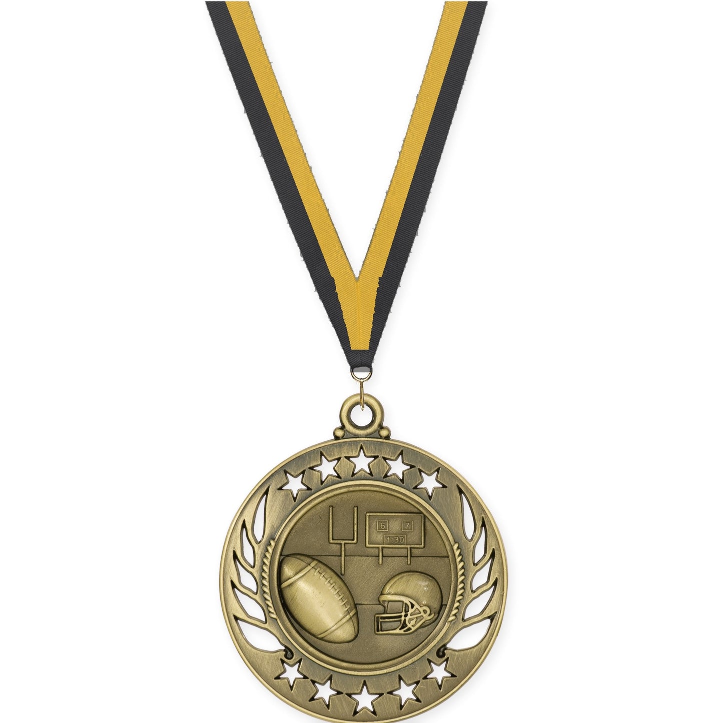 2 1/4 inch football Galaxy medal in bright gold with Black Gold neck ribbon