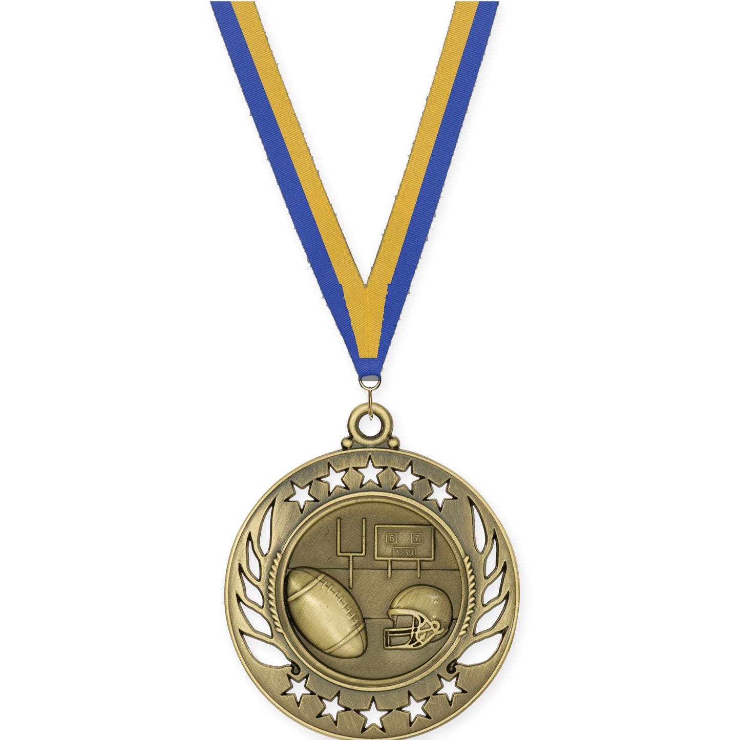 2 1/4 inch football Galaxy medal in bright gold with Blue Gold neck ribbon