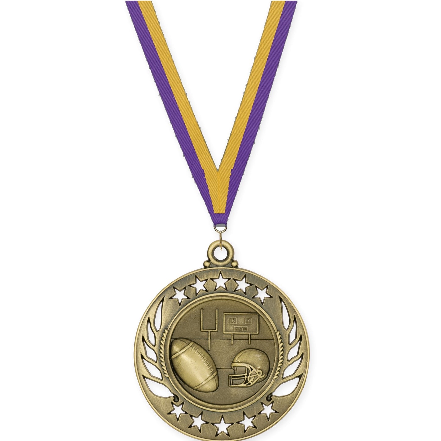 2 1/4 inch football Galaxy medal in bright gold with Purple Gold neck ribbon