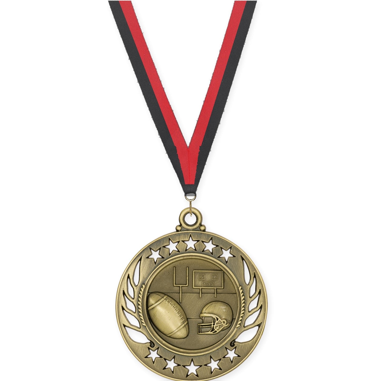 2 1/4 inch football Galaxy medal in bright gold with Black Red neck ribbon