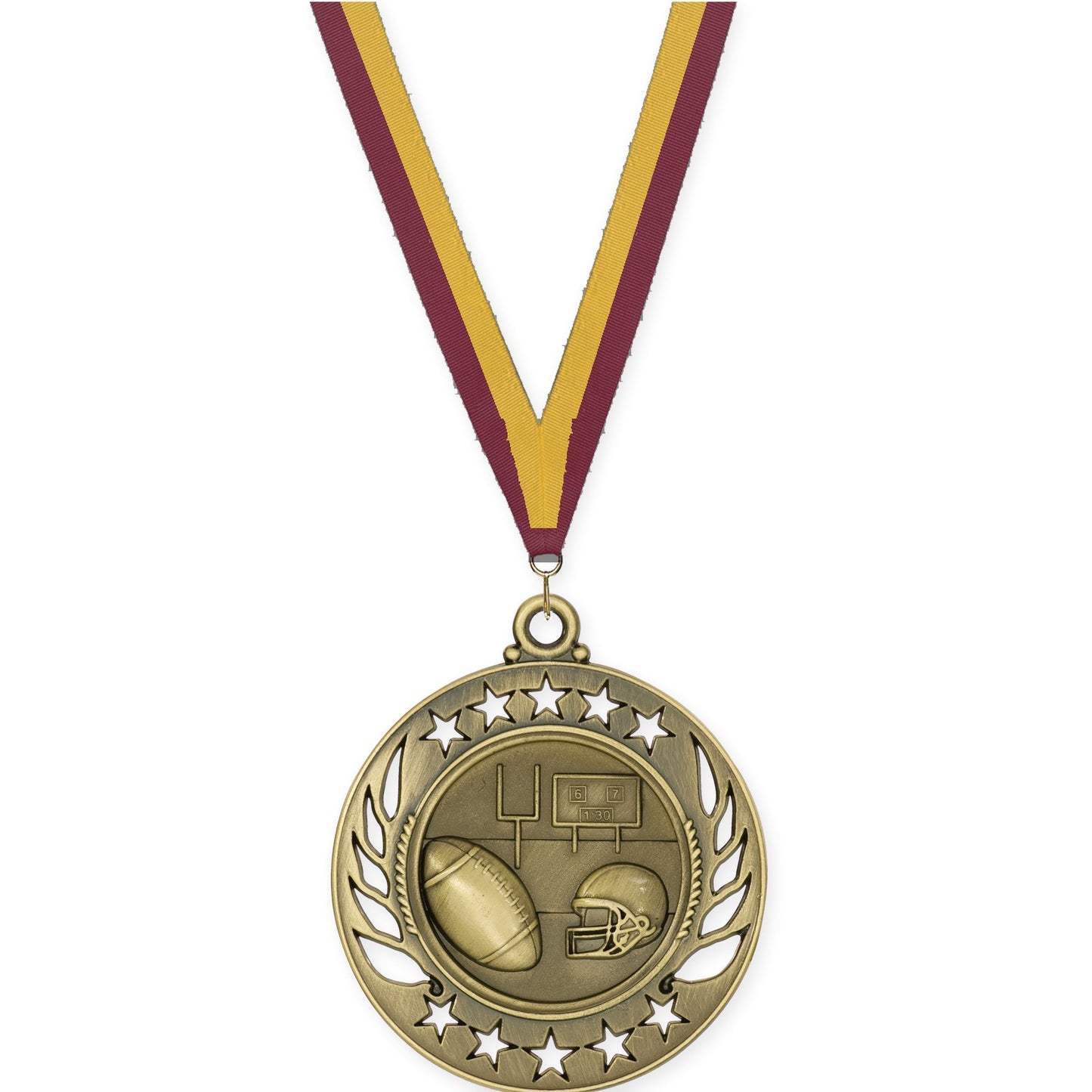 2 1/4 inch football Galaxy medal in bright gold with Maroon Gold neck ribbon