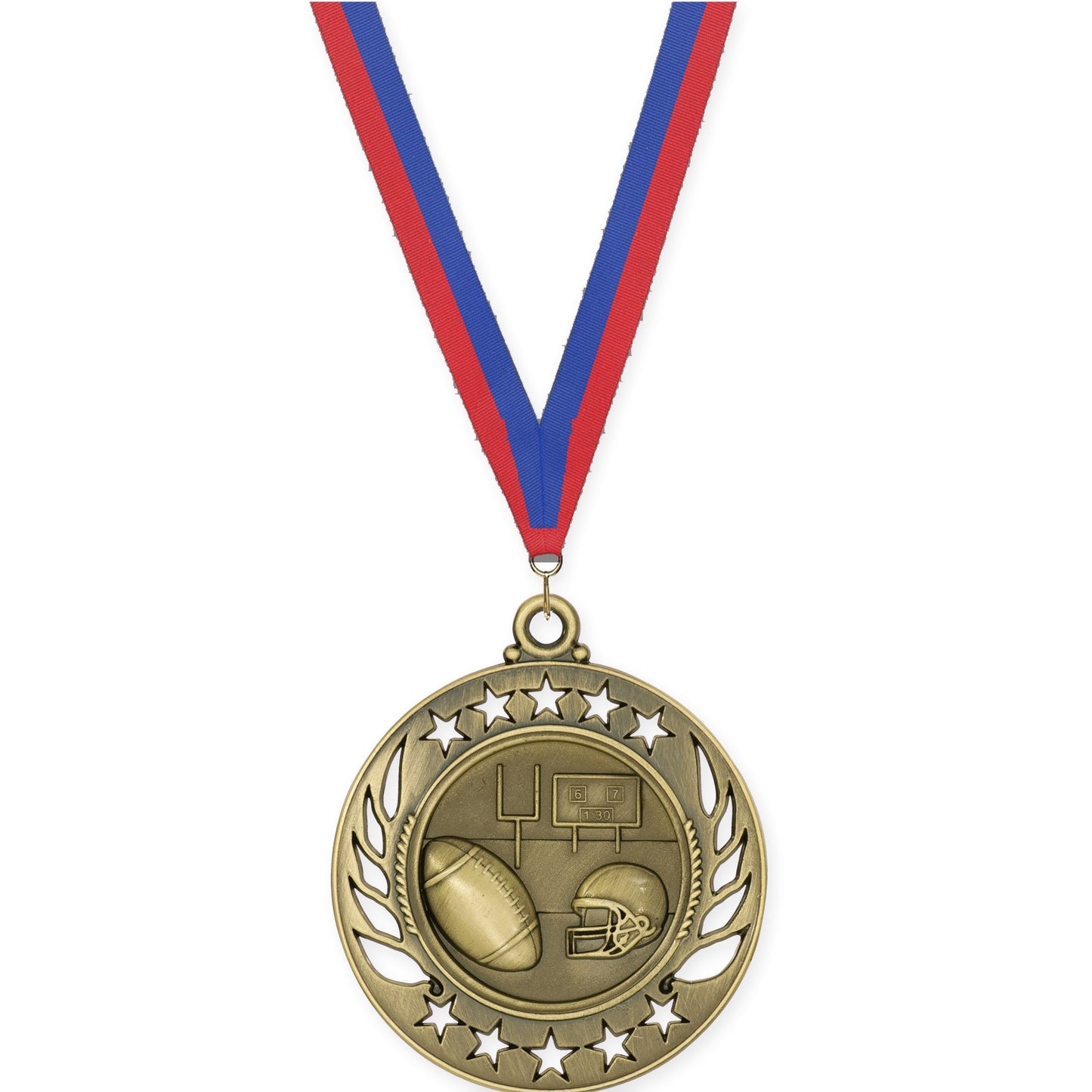 2 1/4 inch football Galaxy medal in bright gold with Blue Red neck ribbon