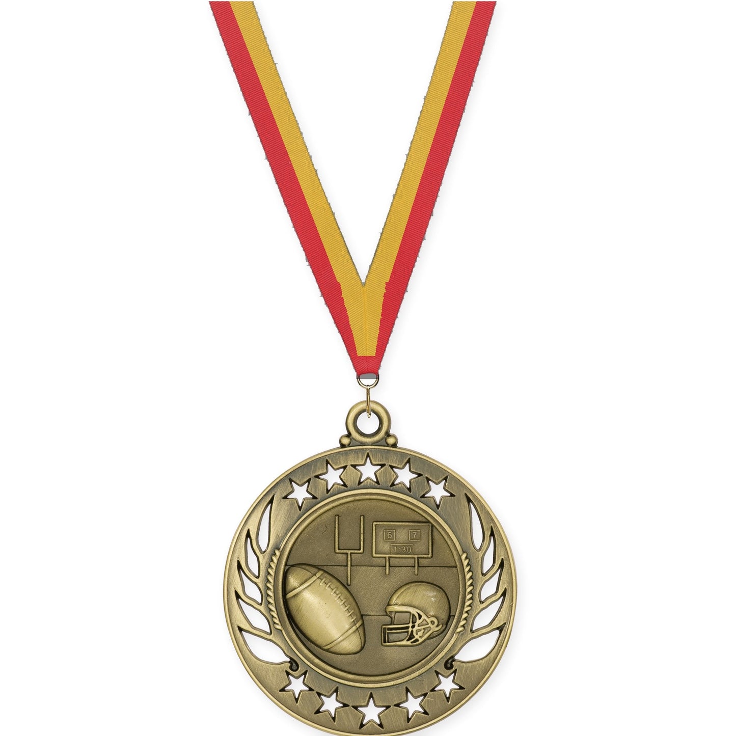 2 1/4 inch football Galaxy medal in bright gold with Red Gold neck ribbon