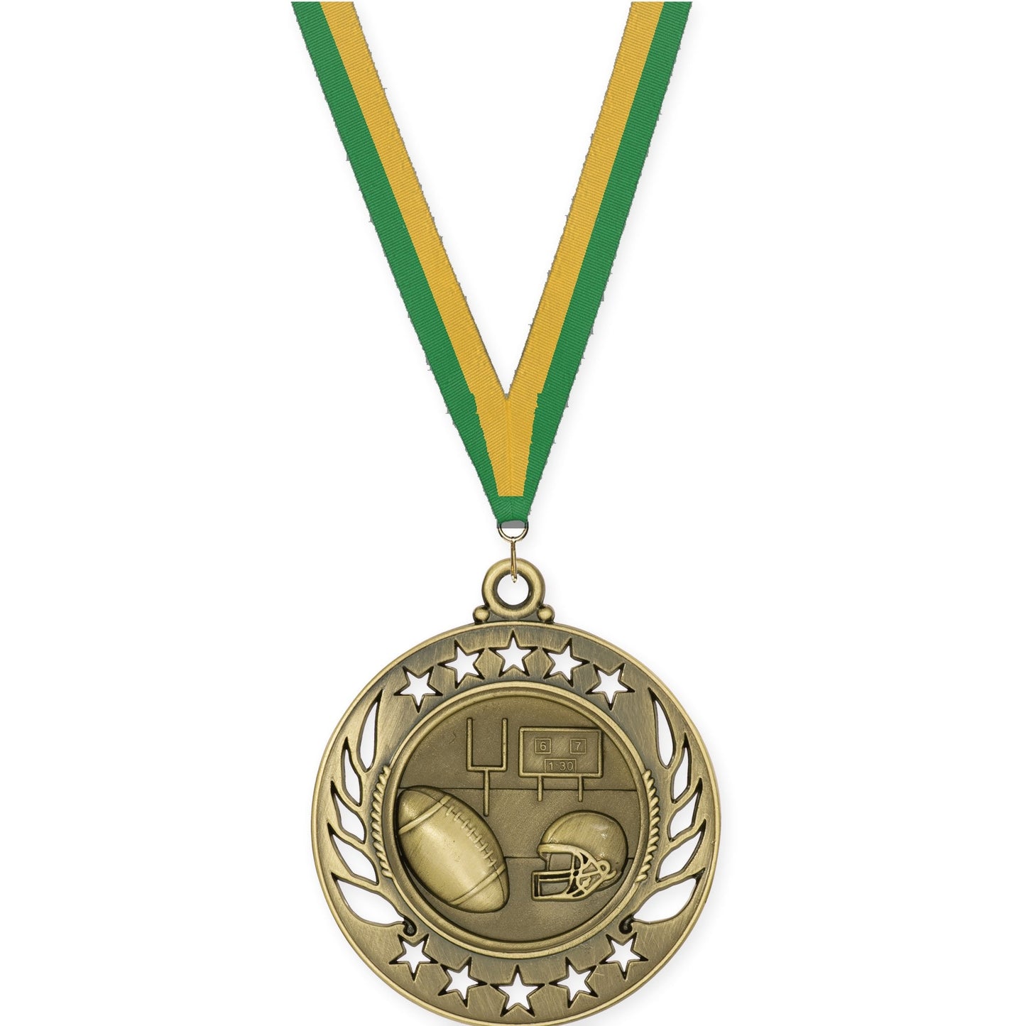 2 1/4 inch football Galaxy medal in bright gold with Green Gold neck ribbon