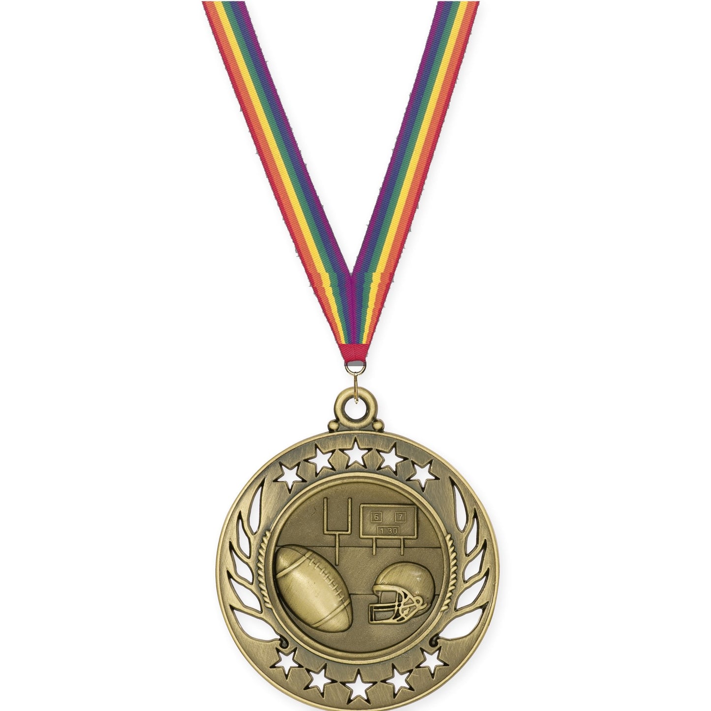 2 1/4 inch football Galaxy medal in bright gold with Rainbow neck ribbon
