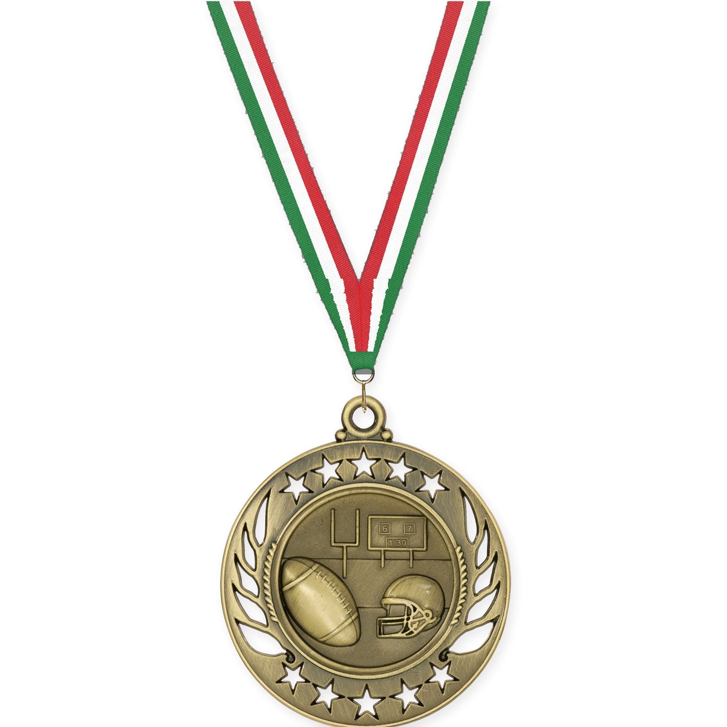 2 1/4 inch football Galaxy medal in bright gold with Green White Red neck ribbon