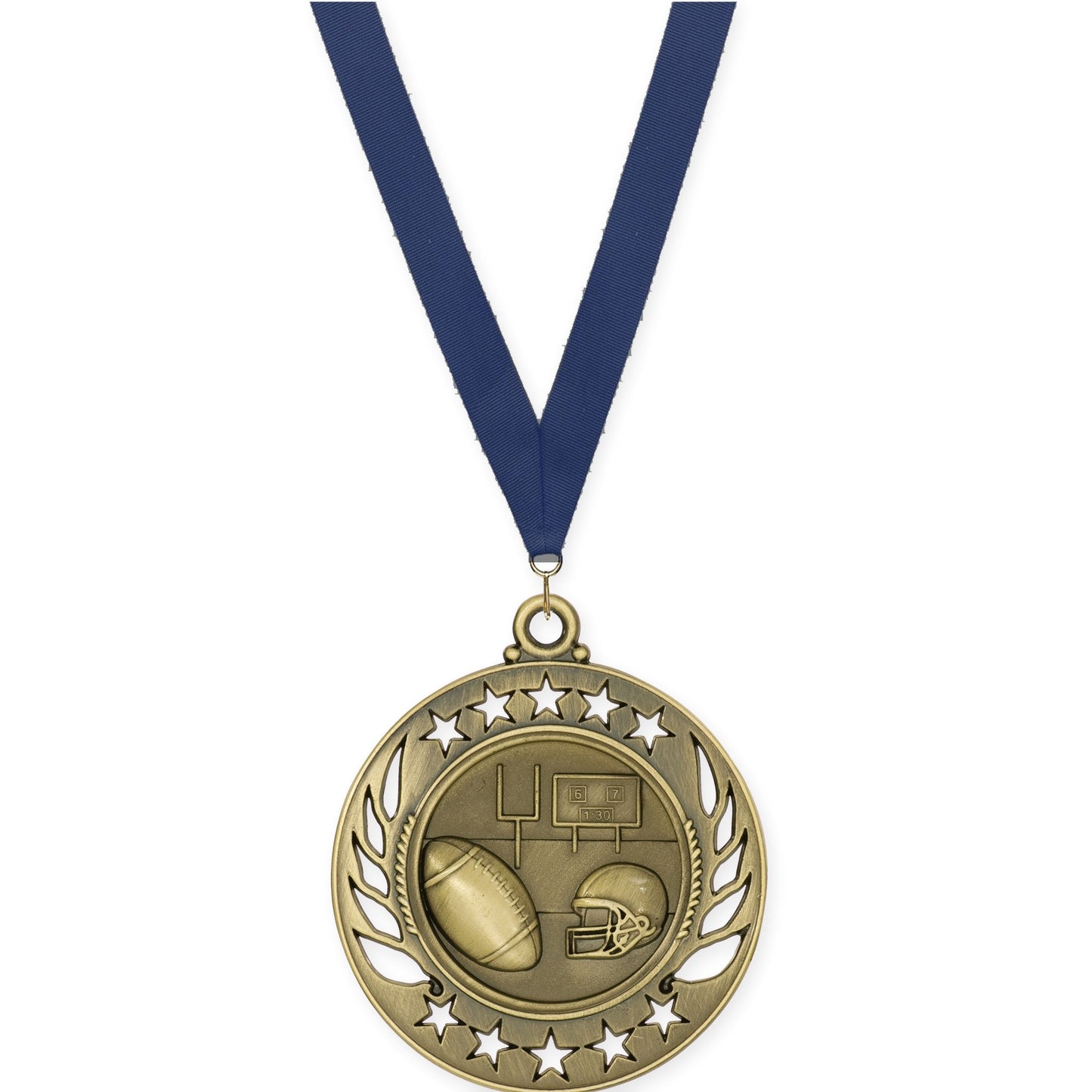 2 1/4 inch football Galaxy medal in bright gold with Navy neck ribbon