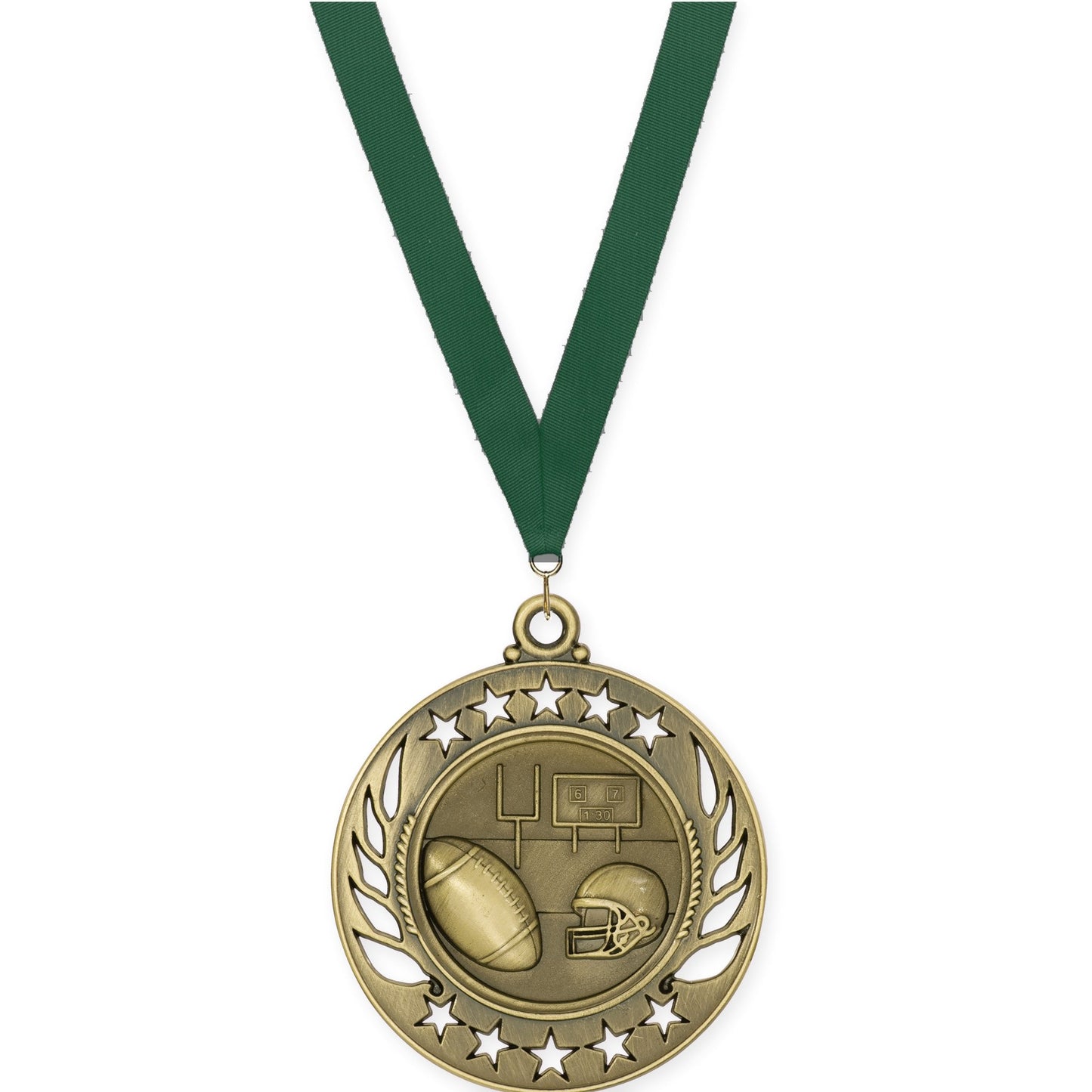 2 1/4 inch football Galaxy medal in bright gold with Hunter Green neck ribbon