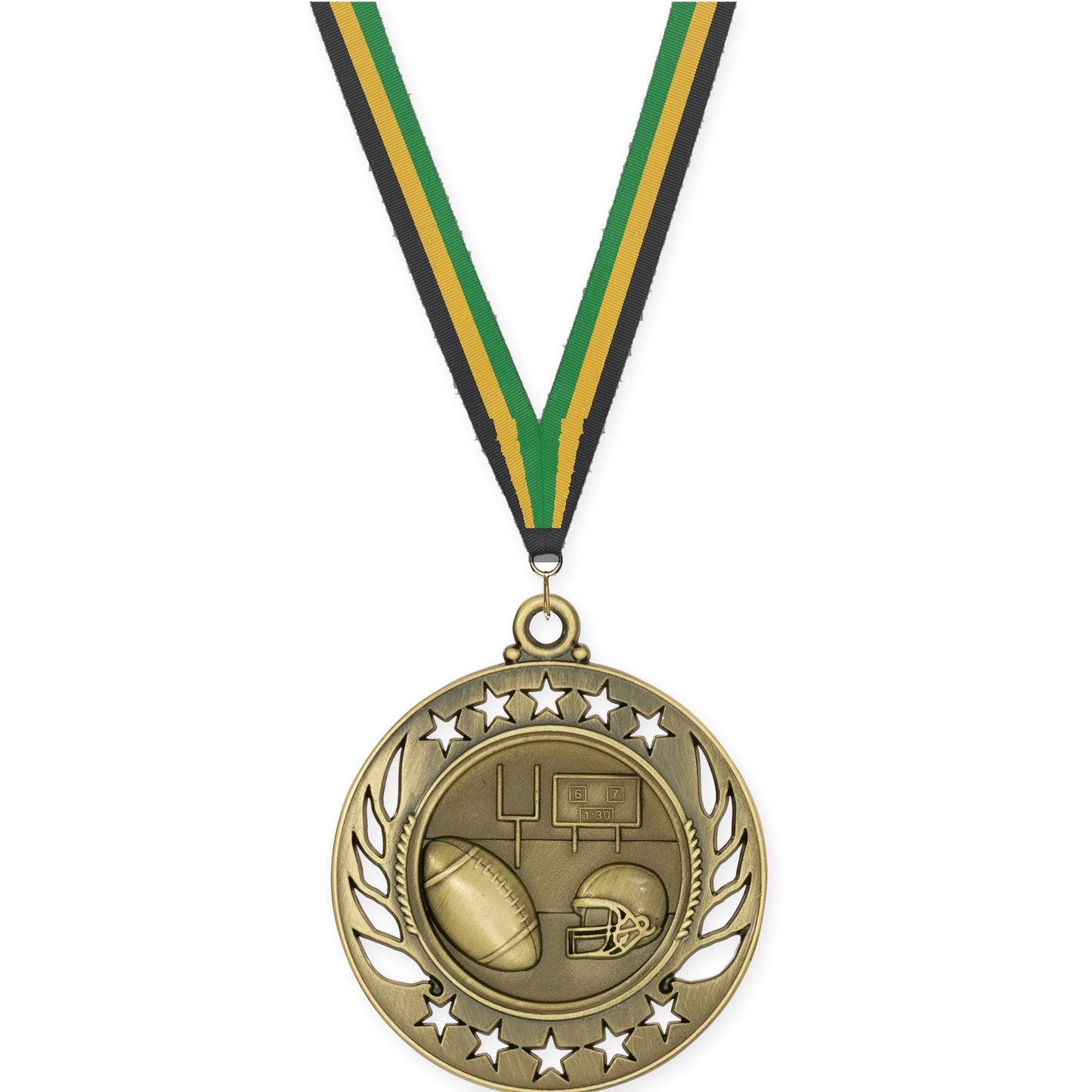 2 1/4 inch football Galaxy medal in bright gold with Black Gold Green neck ribbon
