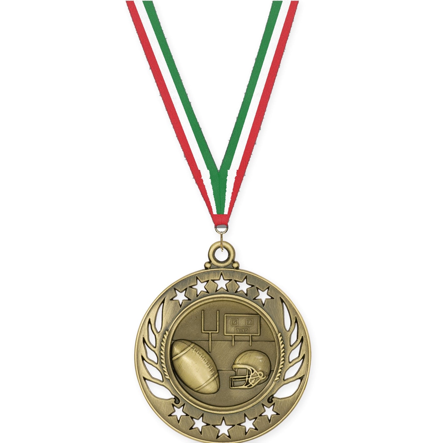 2 1/4 inch football Galaxy medal in bright gold with Red White Green neck ribbon