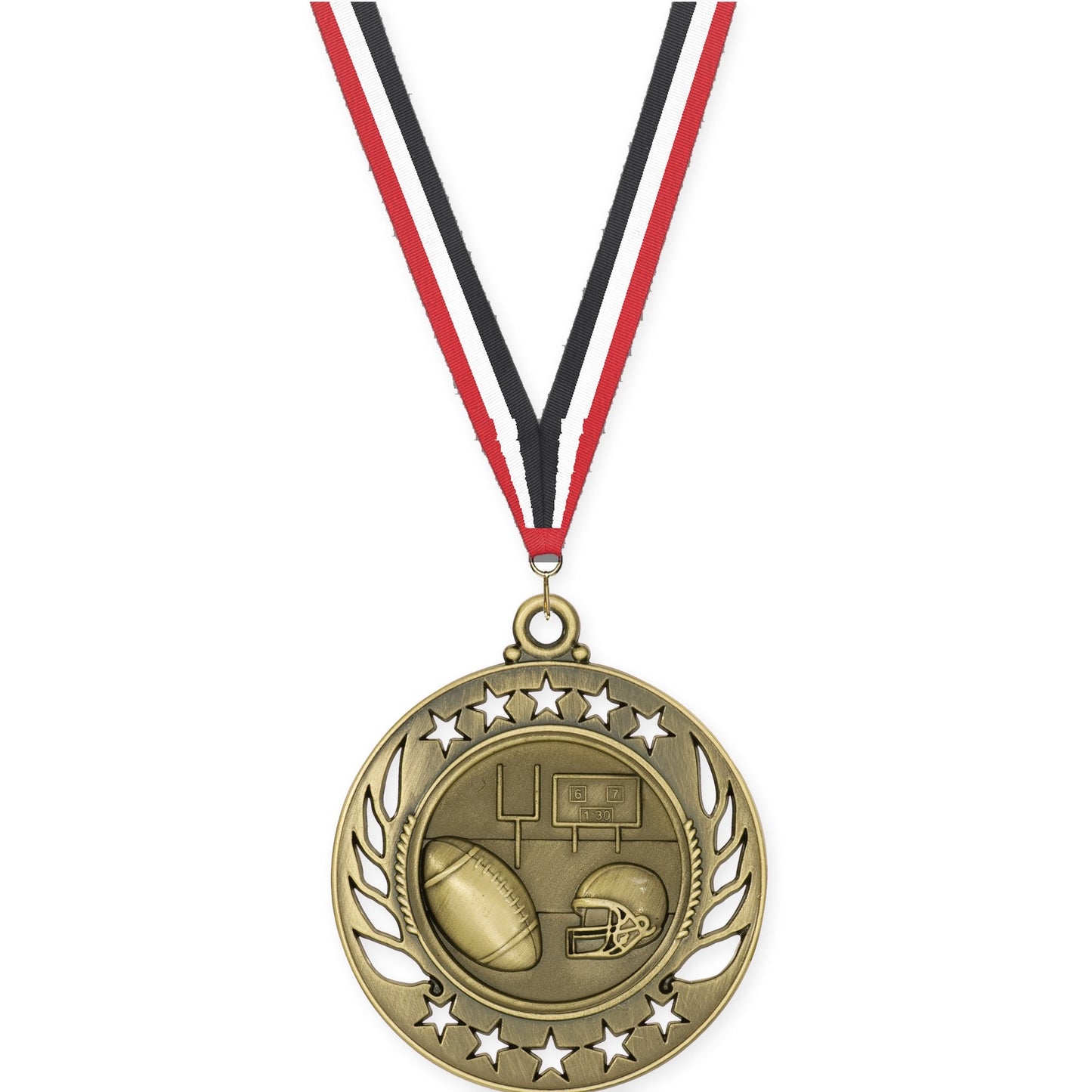 2 1/4 inch football Galaxy medal in bright gold with Red White Black neck ribbon