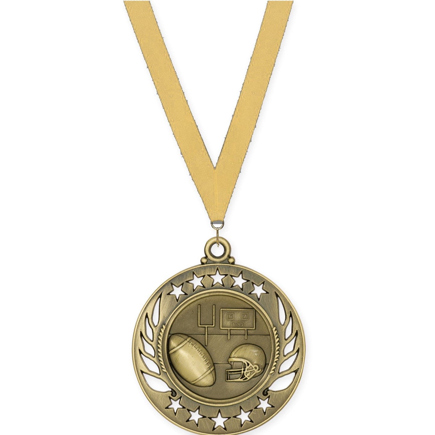 2 1/4 inch football Galaxy medal in bright gold with Gold Metallic neck ribbon