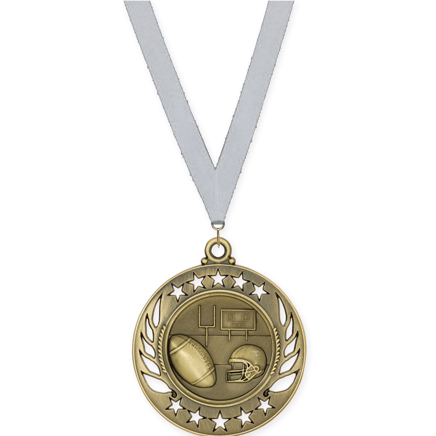 2 1/4 inch football Galaxy medal in bright gold with Silver Metallic neck ribbon