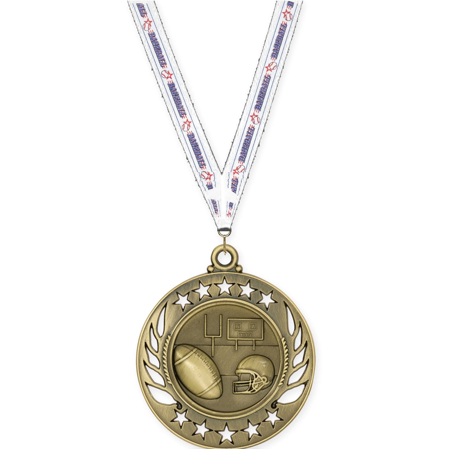 2 1/4 inch football Galaxy medal in bright gold with Baseball neck ribbon
