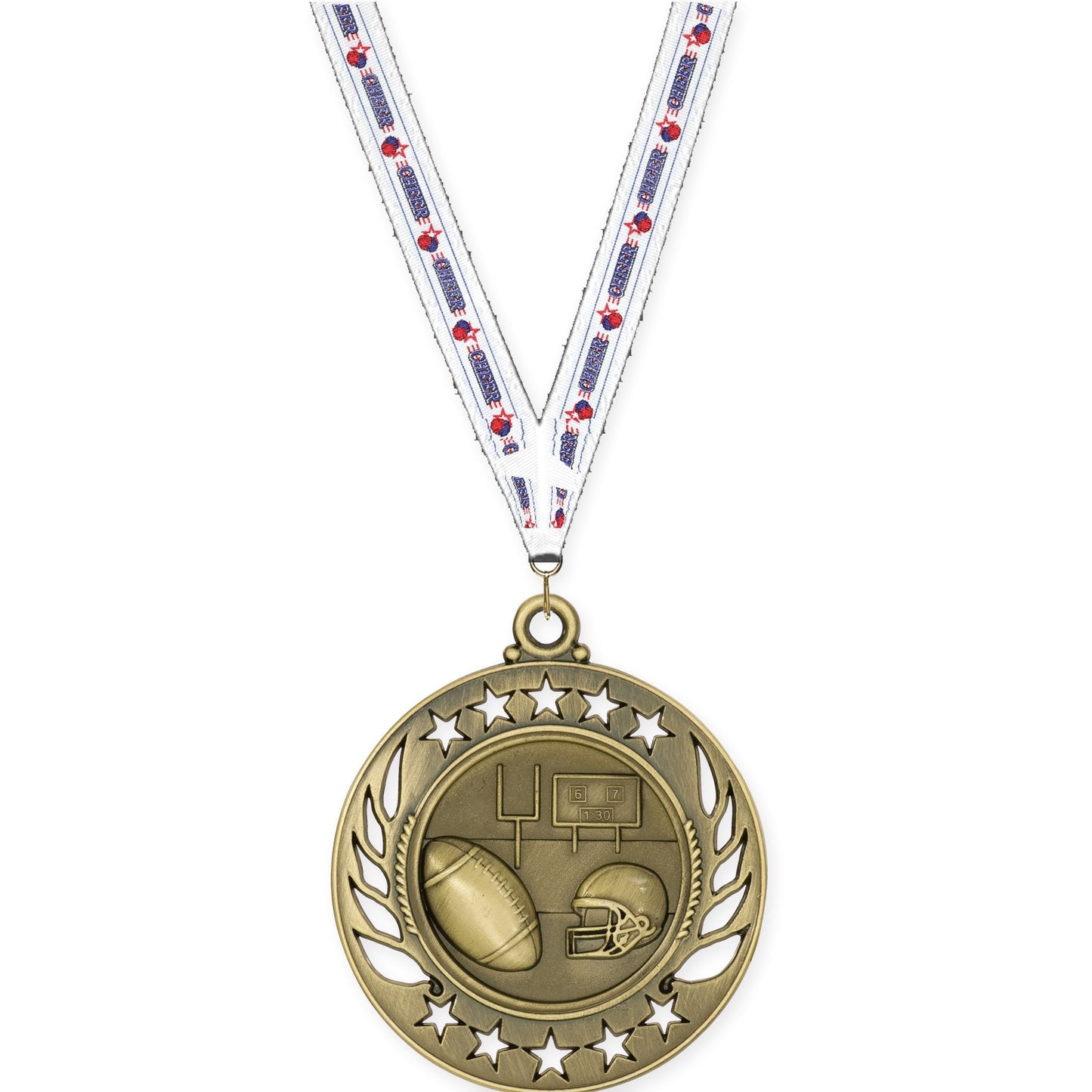 2 1/4 inch football Galaxy medal in bright gold with Cheerleading neck ribbon