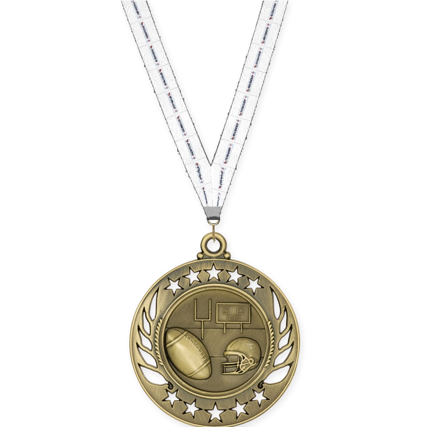 2 1/4 inch football Galaxy medal in bright gold with Gymnastics neck ribbon