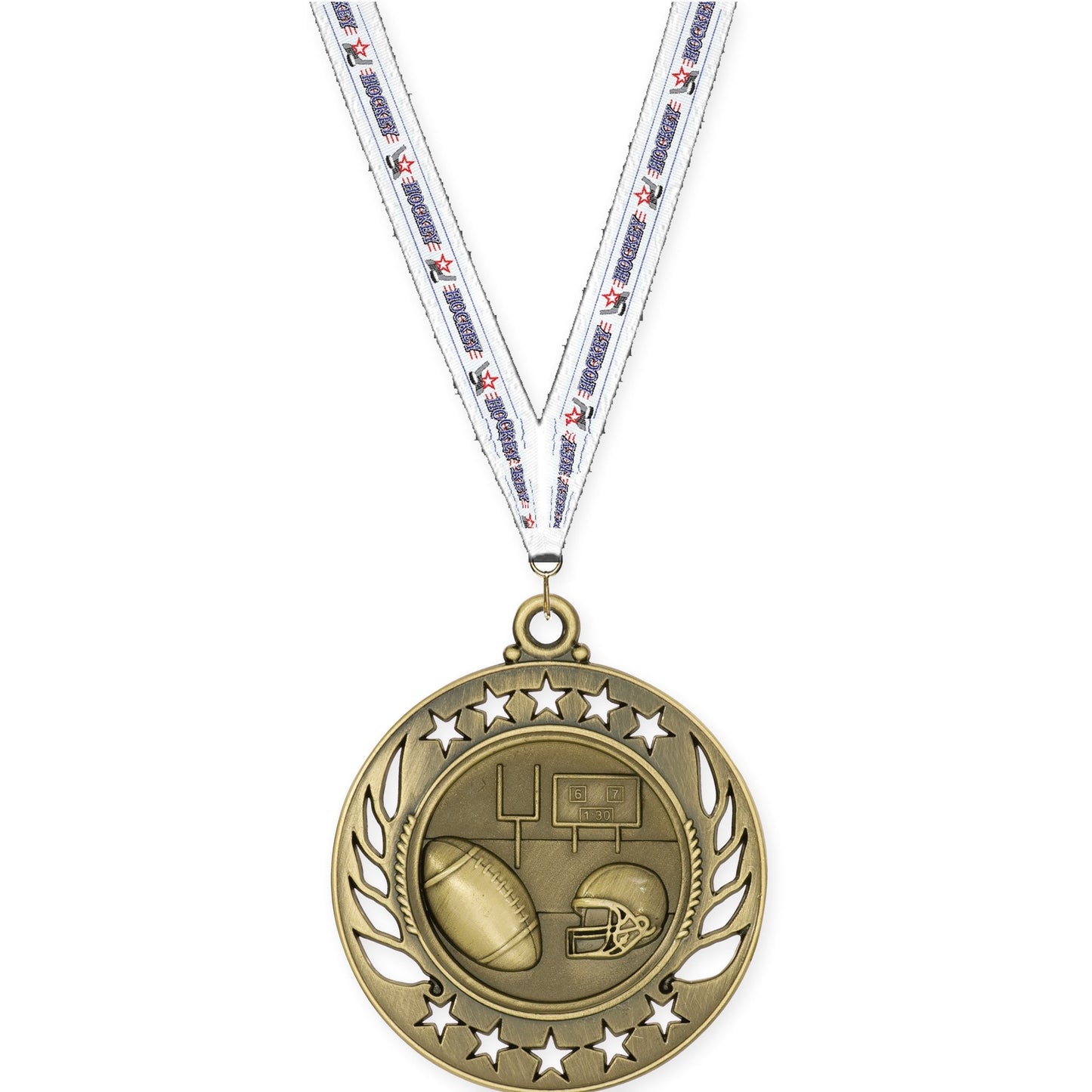 2 1/4 inch football Galaxy medal in bright gold with Hockey neck ribbon