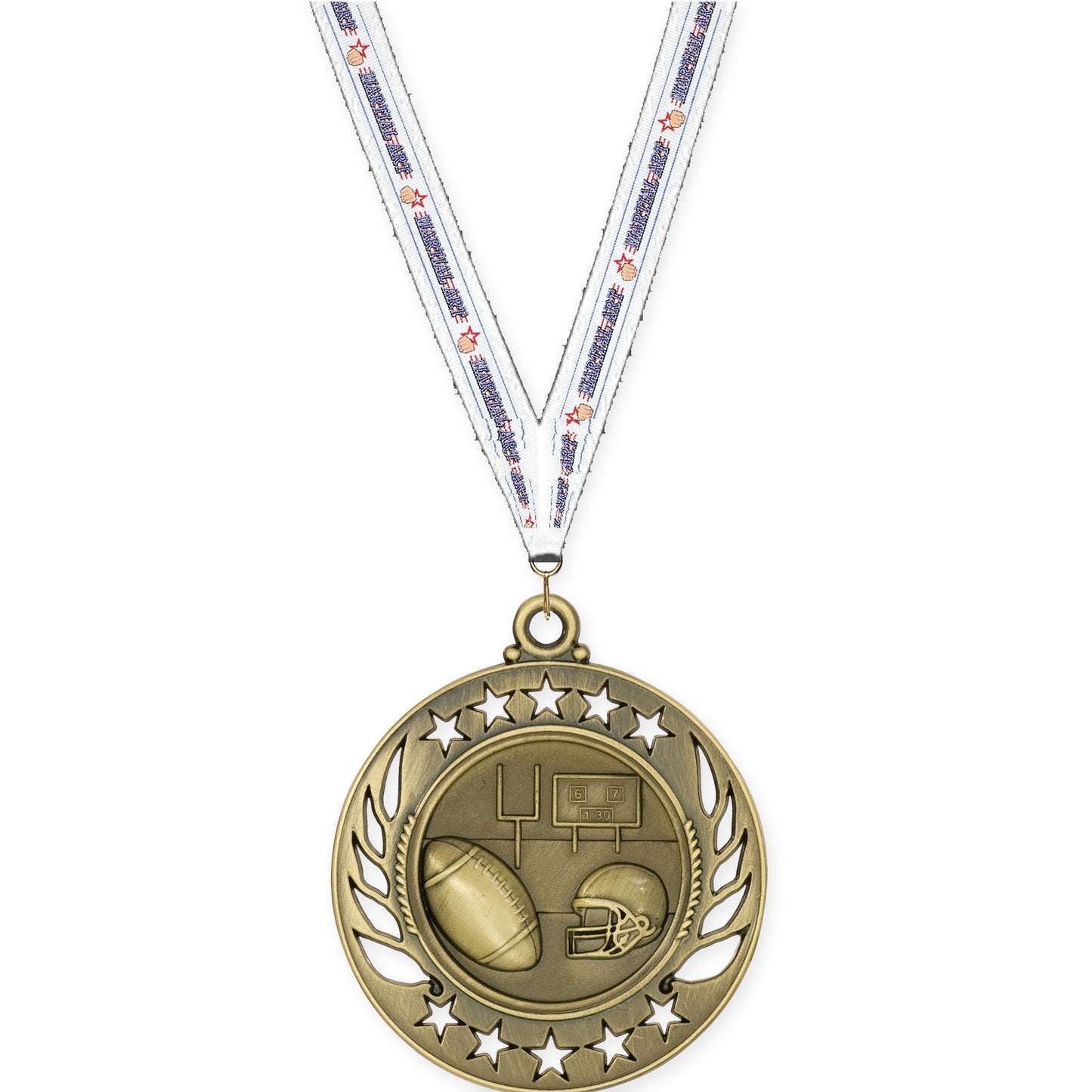 2 1/4 inch football Galaxy medal in bright gold with Martial Arts neck ribbon