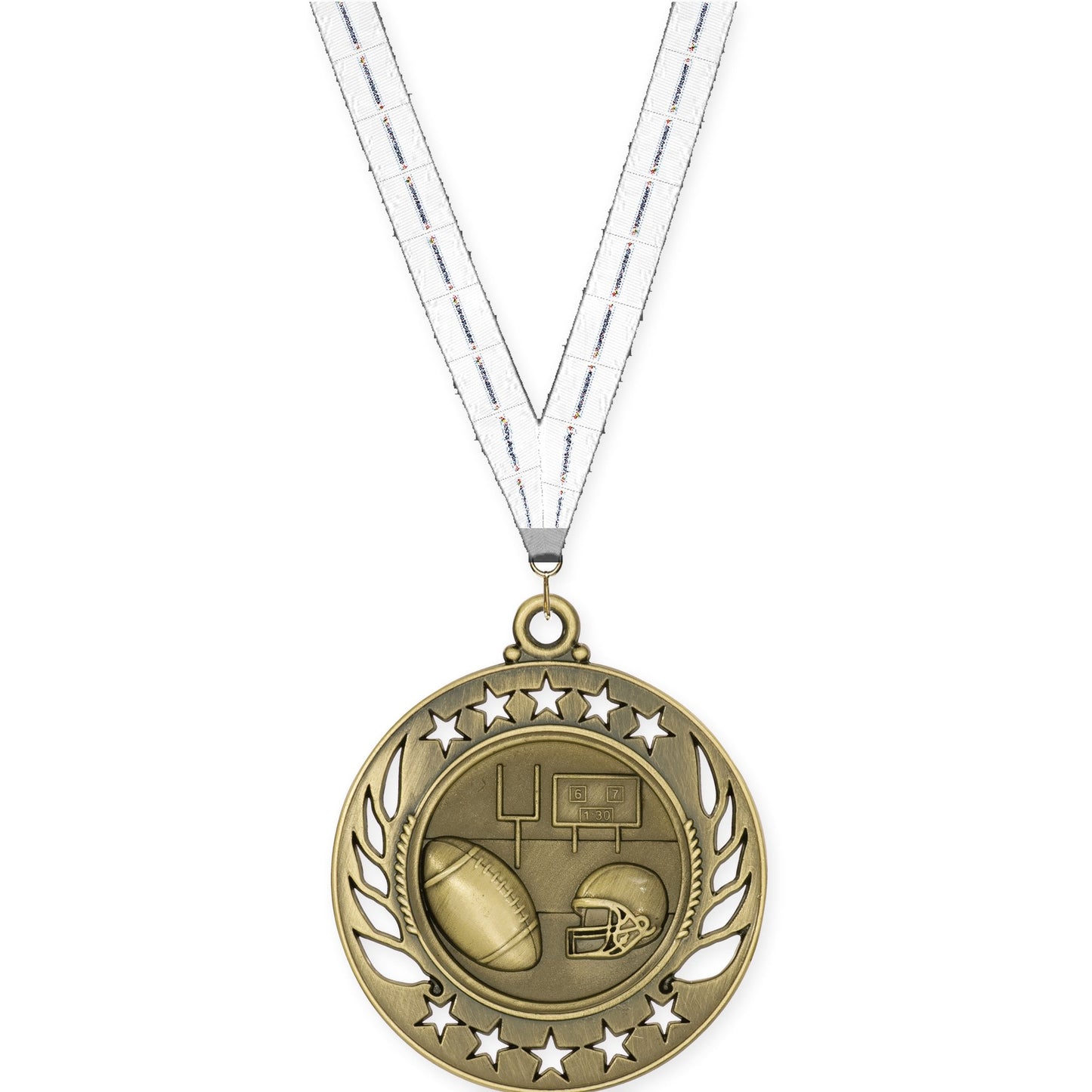 2 1/4 inch football Galaxy medal in bright gold with Lamp Of Knowledge neck ribbon